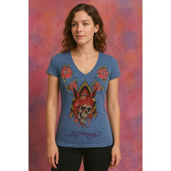 Vintage Ed Hardy Women’s V Neck Bling Shirt Skull Blue Medium EUC - Picture 1 of 6
